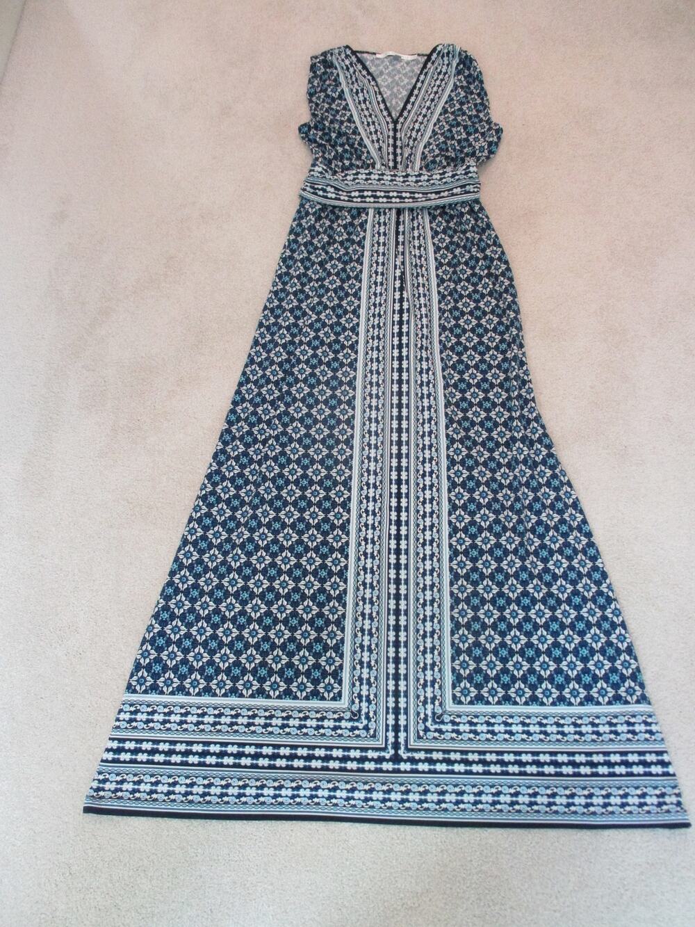 MAX STUDIO BLUE WHITE MEDALLION SLEEVELESS MAXI DRESS SIZE M